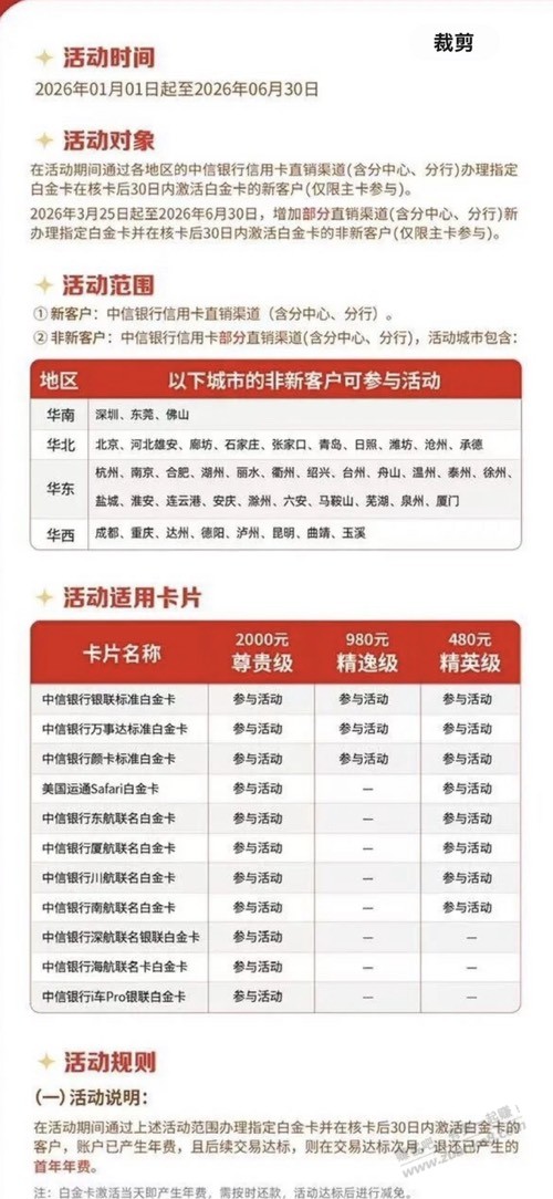 中信老客户限地区免年费的大白金 - 线报酷
